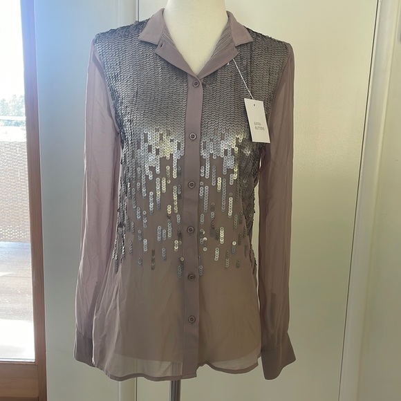 Sheer Light Purple Button Blouse with Silver Gray Sequins - Picture 1 of 7